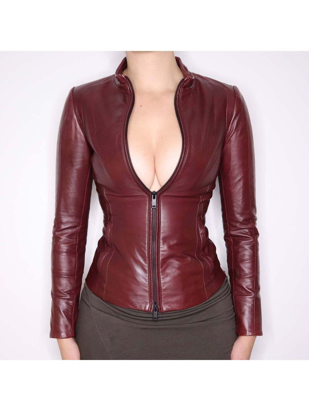 Y2K DANIER Sexy Burgundy Fitted Leather Moto Jacket (XS)